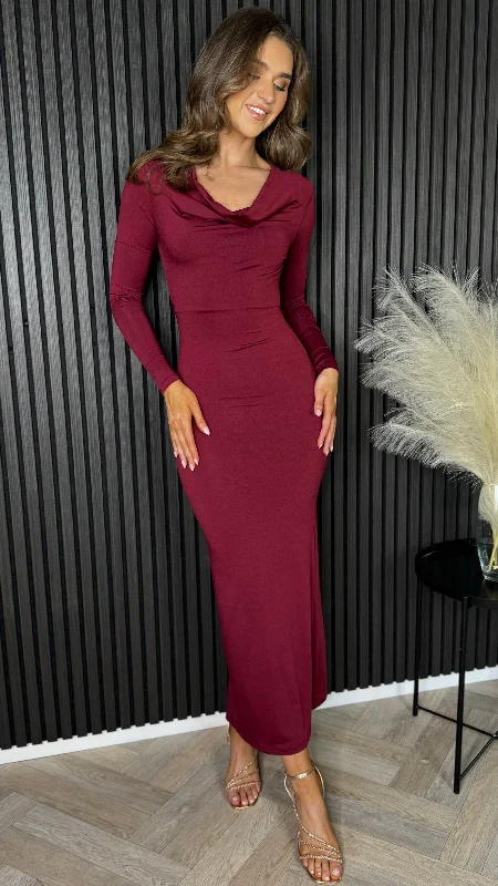  Limited Stock, Big SaleAlisha Burgundy Cowl Neck Long Sleeve Midi Dress