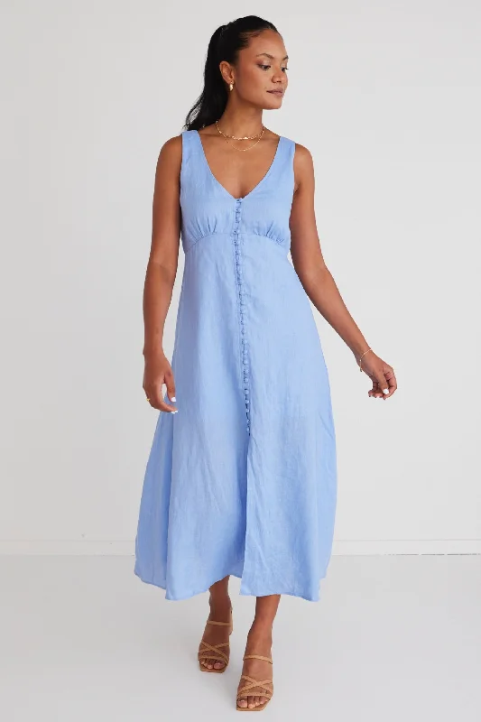  Women's Athletic OutfitGirl Next Door Mid Blue Linen Sleeveless Button Front Midi Dress