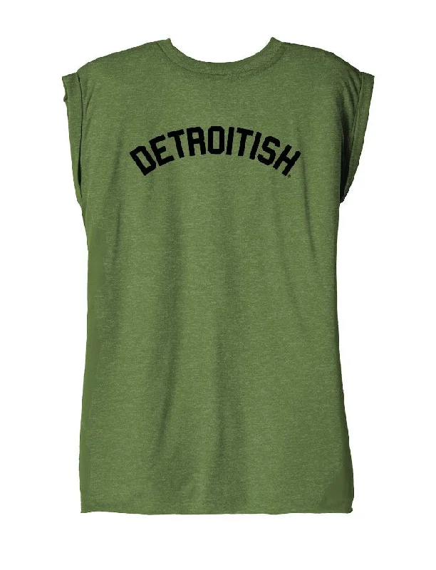  Women's Vintage AttireInk Detroit Detroitish Women's Flowy Muscle T-Shirt Rolled Cuff - Olive