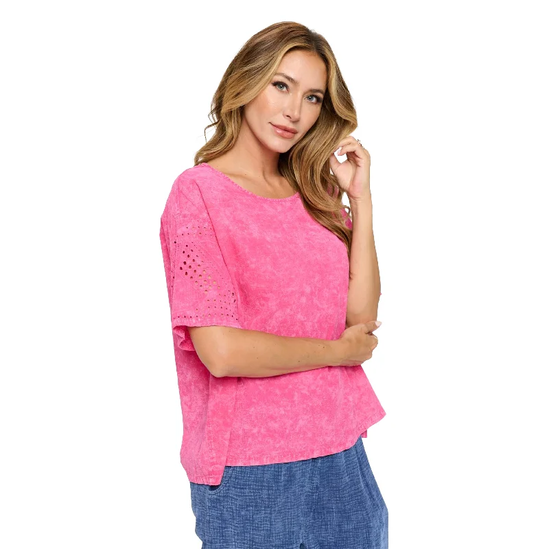  Women's Functional Outdoor GarmentsMineral Wash Cotton Eyelet Trim Top in Fuchsia - V408-FS