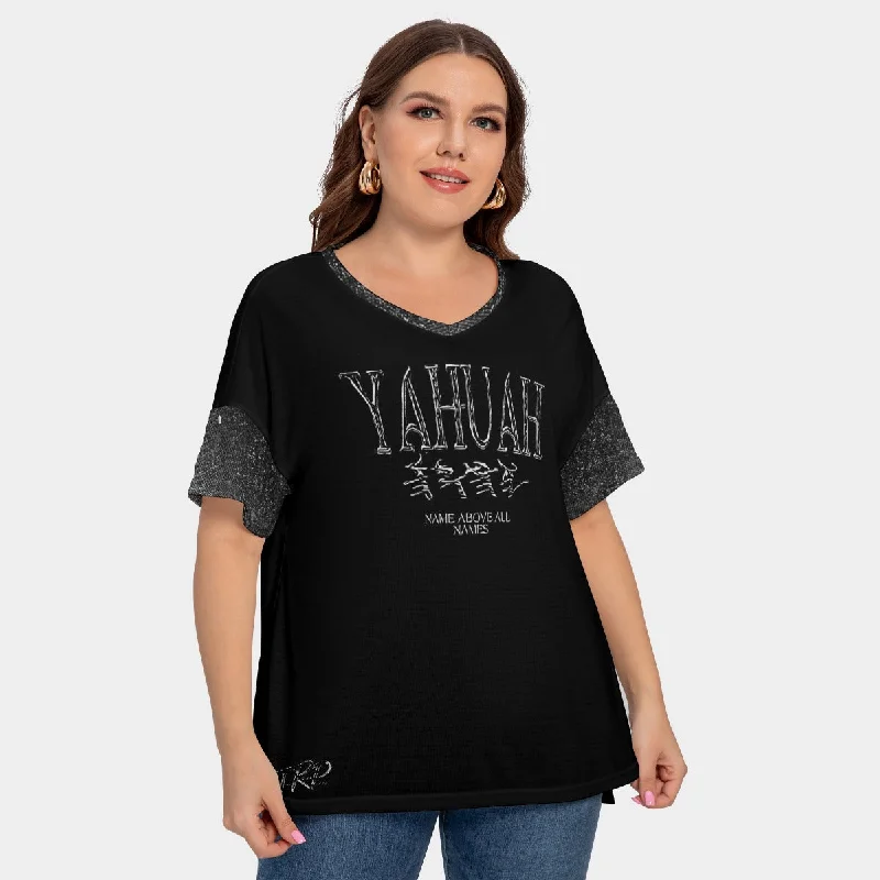  Women's Transitional GarmentsYahuah-Name Above All Names 01-01 Ladies Designer Drop Shoulder V-neck Plus Size T-shirt with Sleeve Loops