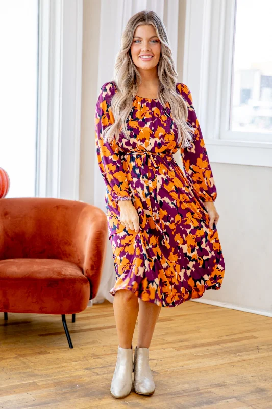  Flash Sale, Don'T MissBerry and Orange Floral Print Midi Dress