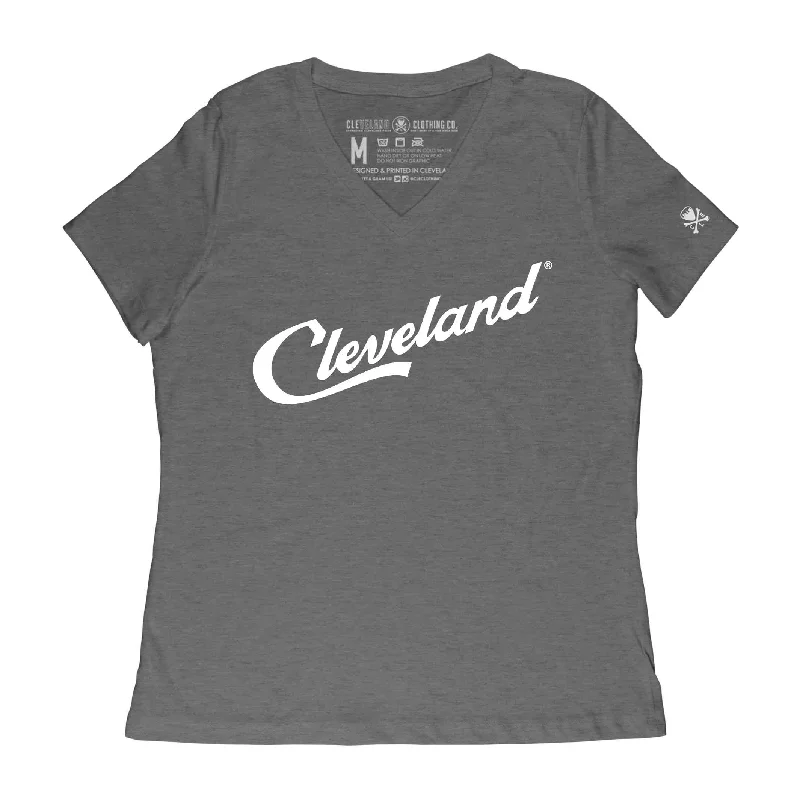  Women's Versatile ApparelCleveland Script - Womens Relaxed V-Neck T-Shirt - Heather Grey