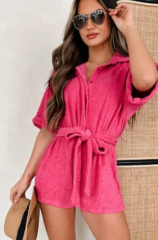  Women's Plus-Size Casual OutfitPraying For Sunshine Belted Terry Cloth Romper (Hot Pink)