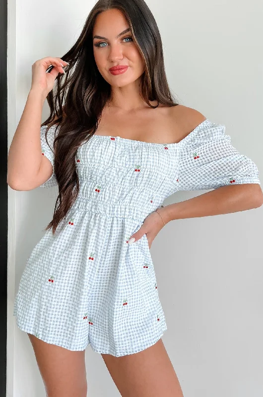  Unleash Your Trendy SidePicnic Views Gingham Cherry Romper (Light Blue)