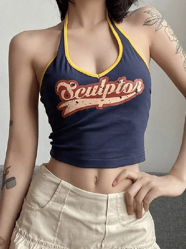  Style RevolutionBerryBetty - Logo Print Halter Cropped Tank Top