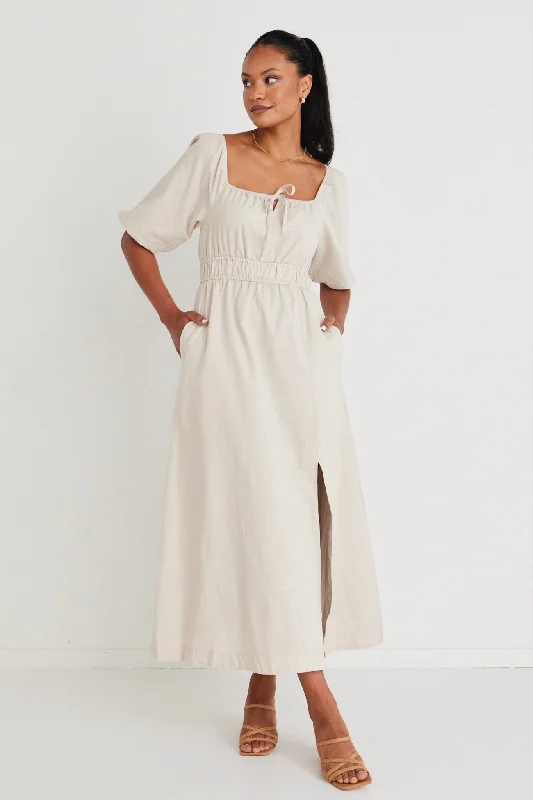  New ArrivalsRoma Ecru Linen Blend Ss Slim Fit Midi Dress